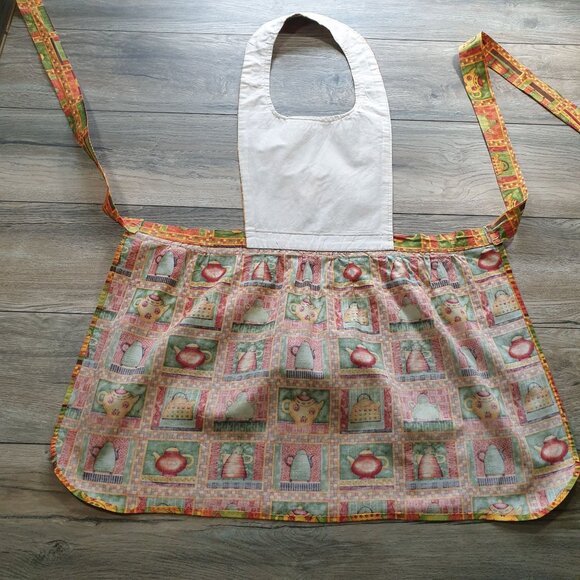 Vintage Handmade Country Kitchen Print Apron Adjustable Ties Teapot 9" Opening - Picture 6 of 9